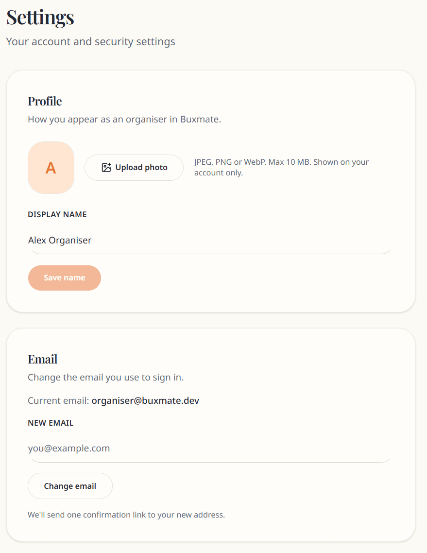 Account settings profile section