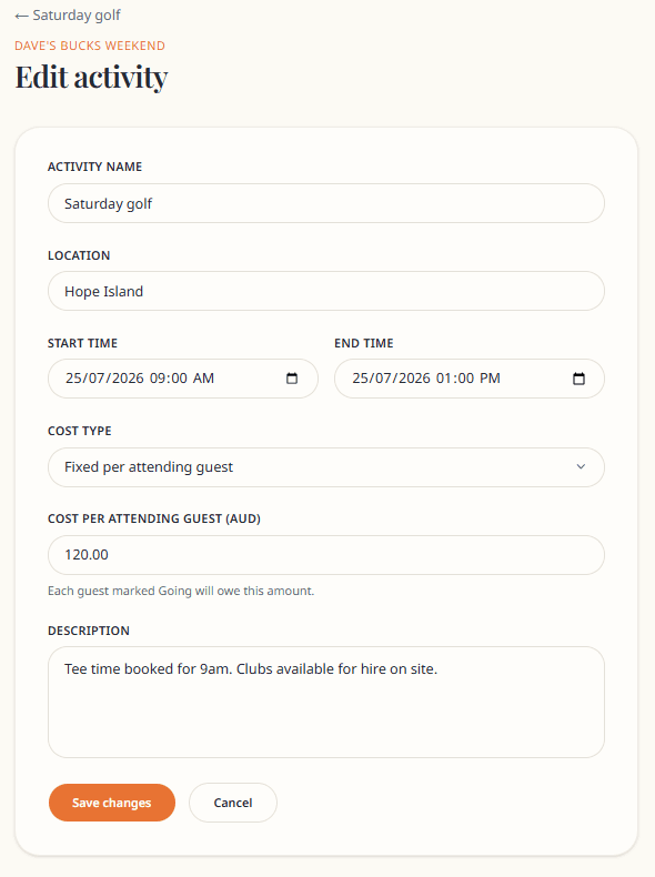 Activity form with cost type selector