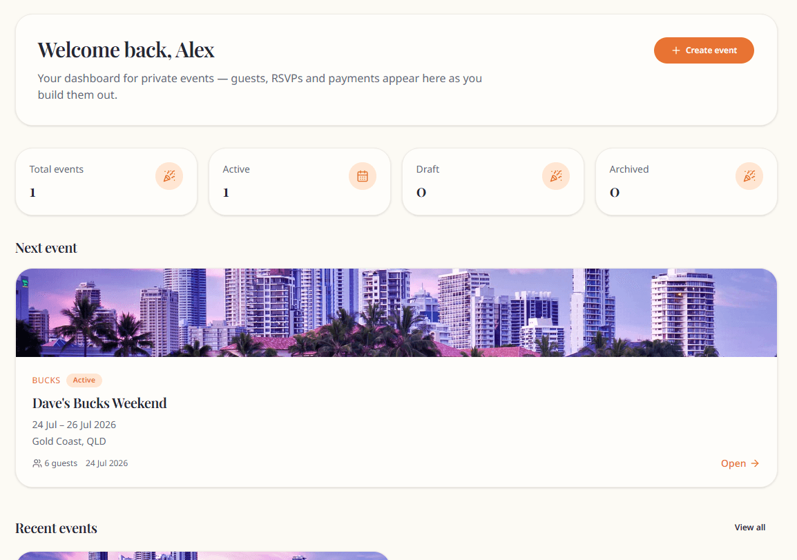 Organiser dashboard home