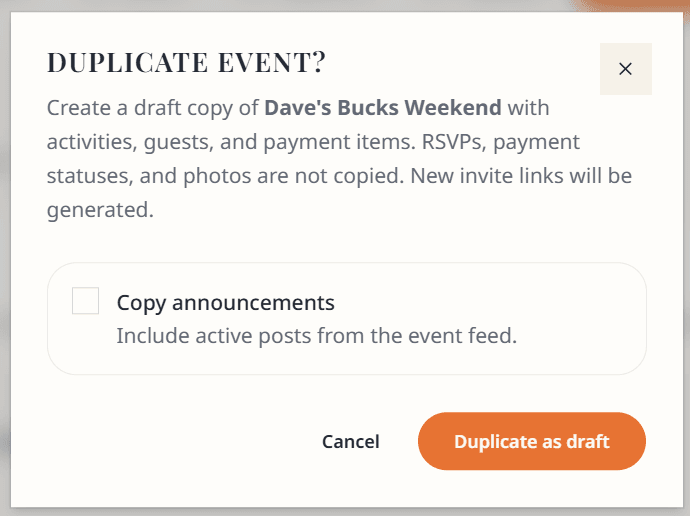 Duplicate event confirmation dialog