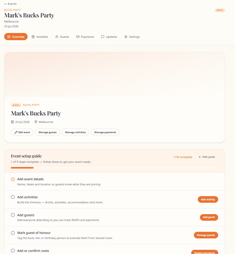 Event overview with setup guide