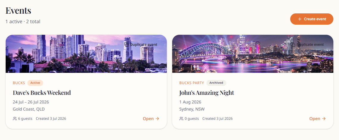 Events list with status badges
