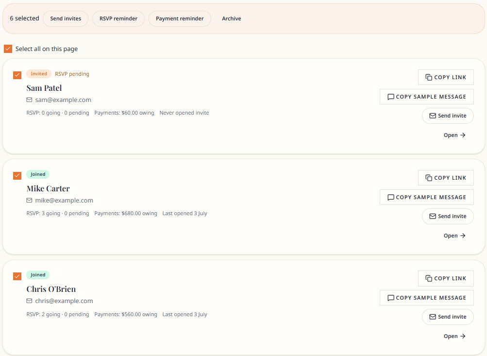 Bulk actions on guest list