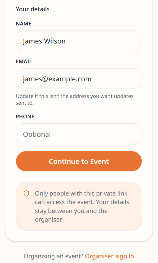 Guest join form with Continue button