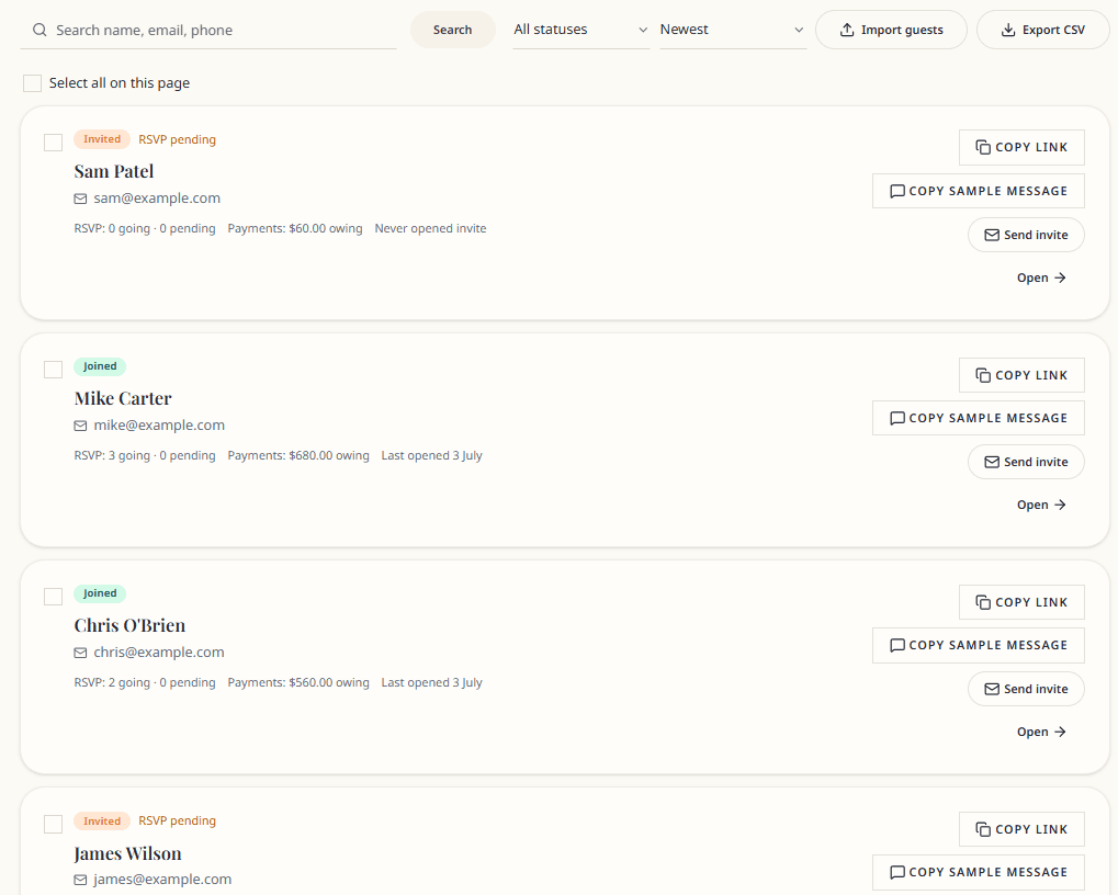 Guest list with filters and statuses