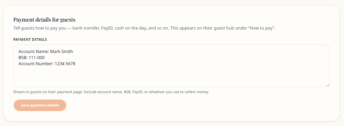 Payment details form for guests