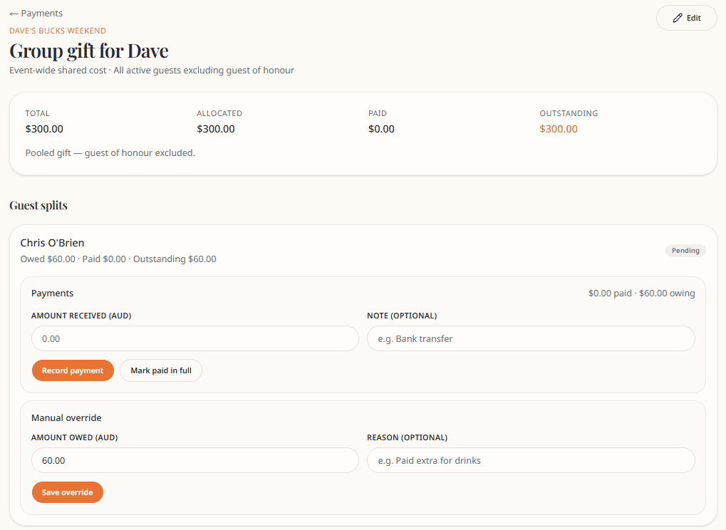 Payment item with per-guest splits