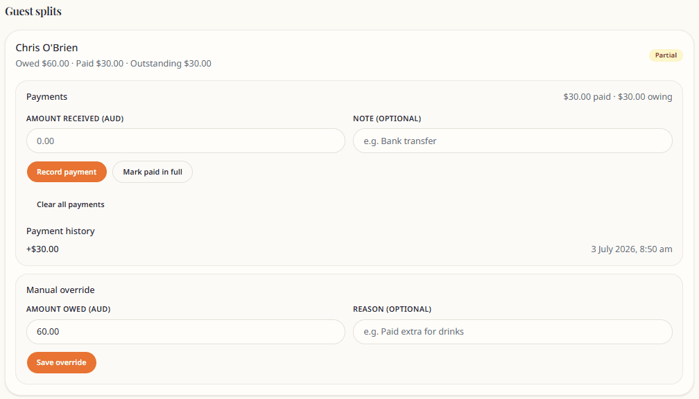 Partial payment history on an allocation