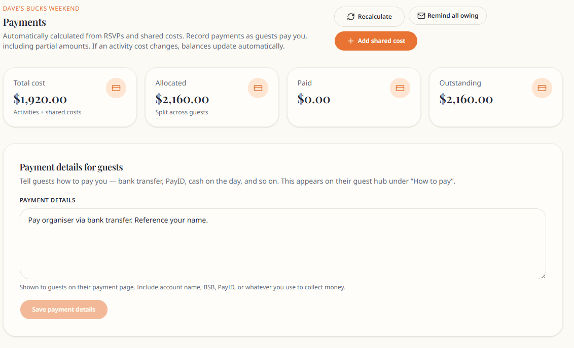 Payments overview with stat cards