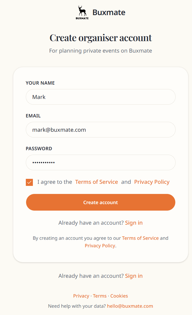 Buxmate signup form