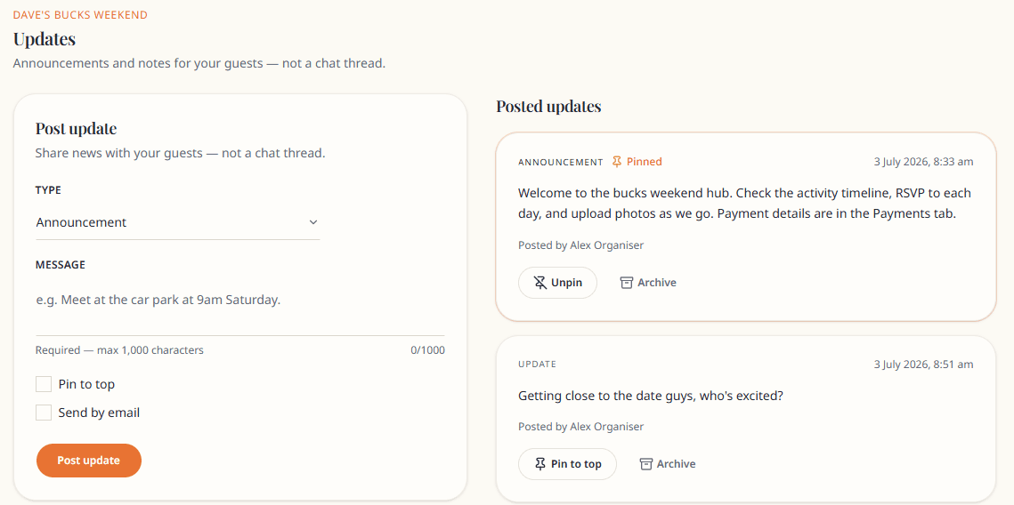 Updates feed with pinned post